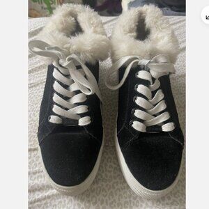 Women's J/Slides NYC Lace Up Fuzzy FurPlatform Shoes Size 7M Black Suede Leather